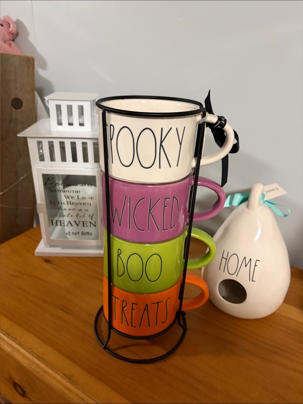 Rae Dunn Stacked Halloween Mugs - White, Pink, Green, Orange